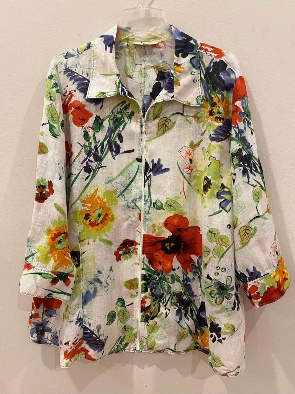 Coldwater Creek Jacket Womens 3X Floral Linen Zip Up 3/4 Sleeve Lightweight